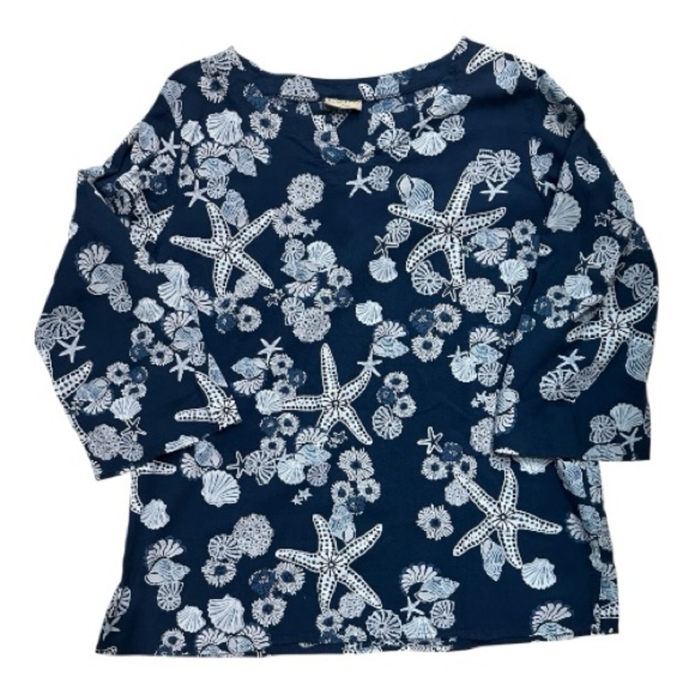 Ocean Breeze Navy Coastal Tunic Top – 100% Cotton Beach Print Blouse Size L - Picture 2 of 7
